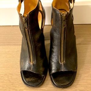 Bed Stu black leather open toed zip up wedges